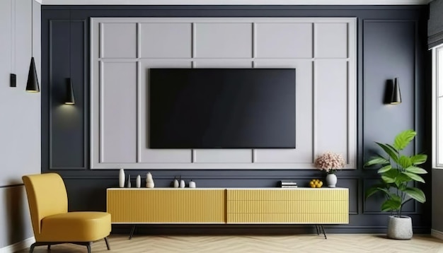 A living room with a yellow tv on the wall and a vase of flowers on the table.