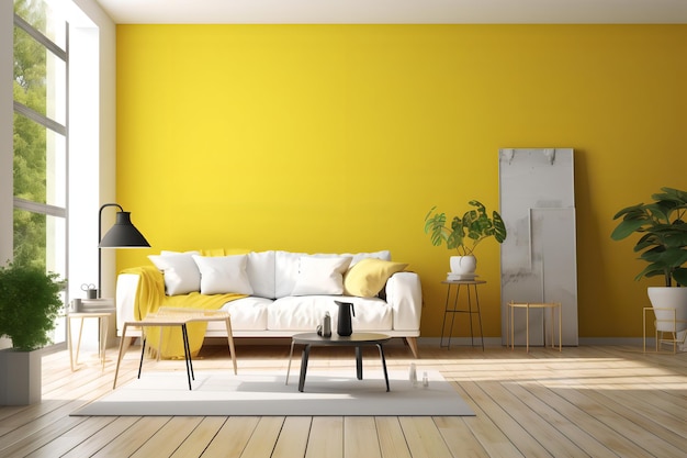 A living room with a yellow wall and a couch with pillows on it.