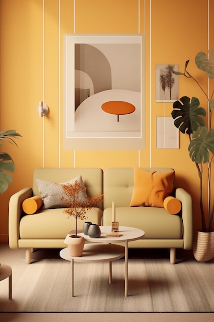 A living room with a yellow wall and a couch with a plant on it.