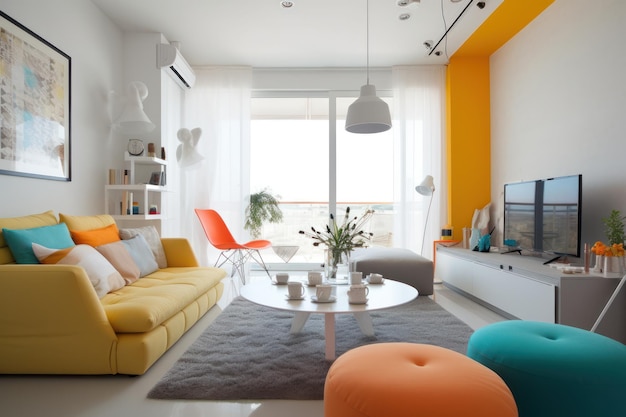 A living room with a yellow wall and a white sofa with a blue and orange cushion.