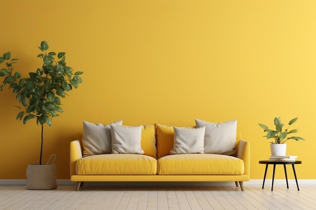 A living room with yellow walls and a yellow couch AI