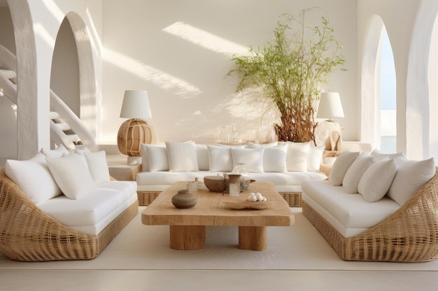 A living space adorned with predominantly white decor and featuring furniture made of woven wicker