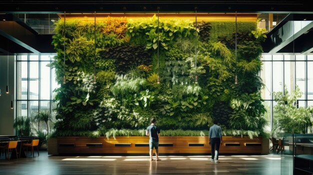 Photo a living wall filled with various plant species in an ecofriendly building generative ai