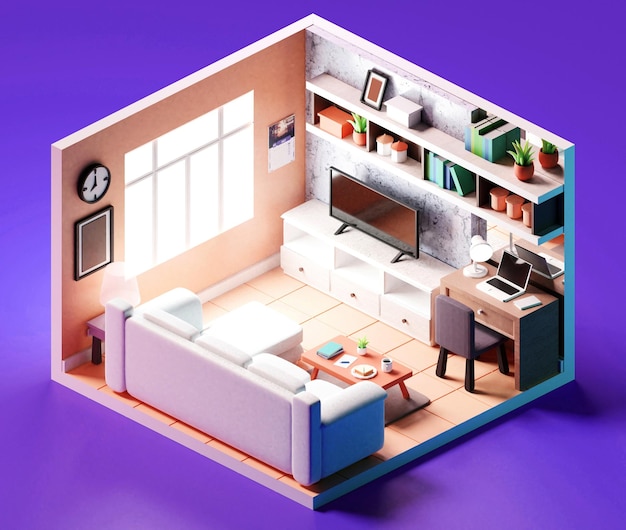 Livingroom includes furniture working table with computer office chair bookshelf 3D illustration