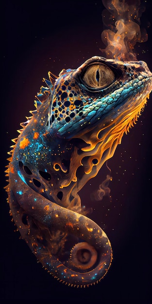 lizard in galaxy stars with iridescent style and with the shape of a lizards face