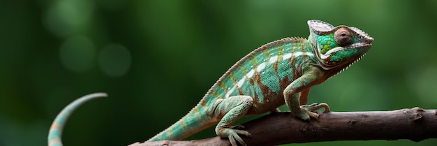 Photo a lizard is sitting on a branch with green background