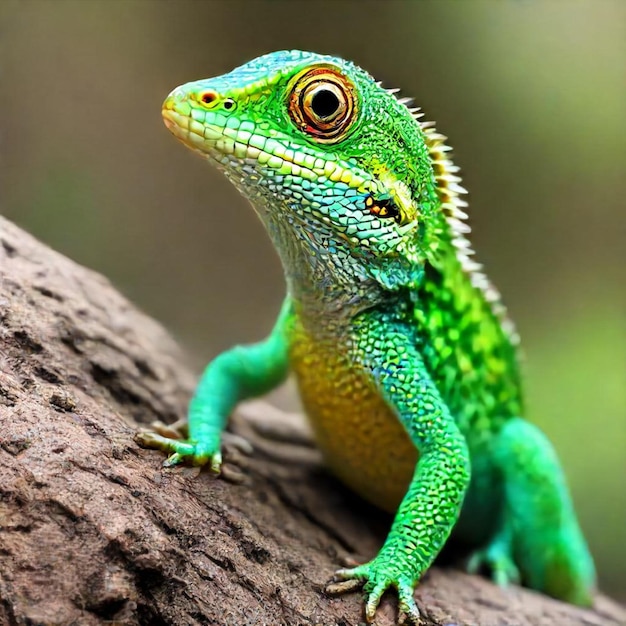 a lizard is sitting on a branch with a green lizard on it