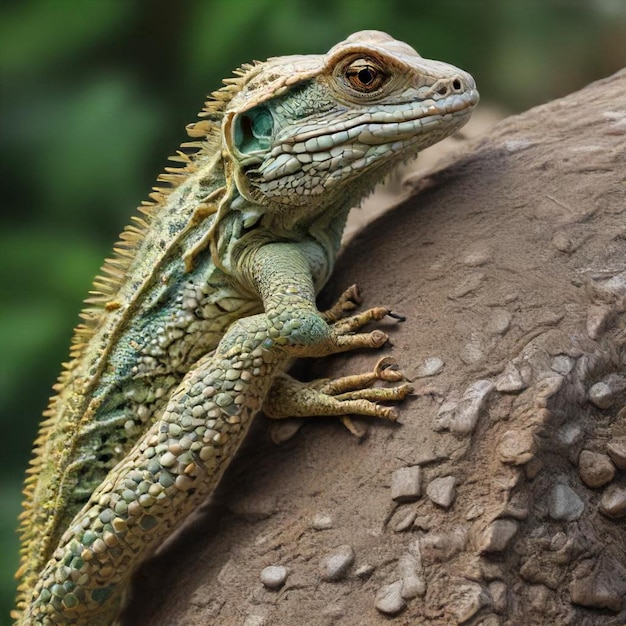 a lizard is sitting on a tree with the word  iguana  on it