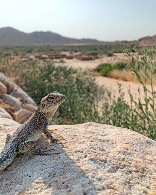 Photo lizard on a rock in a desert landscape photo