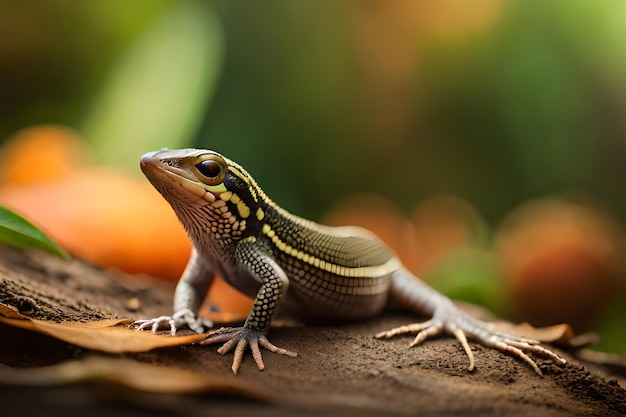 A lizard sits on a log in front of a green leaf.