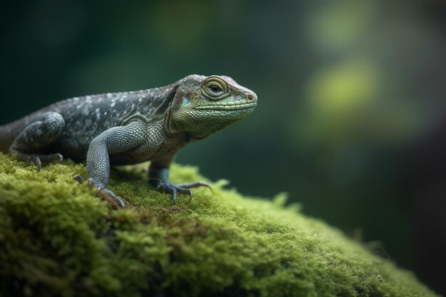 A lizard sits on a mossy branch in the jungle.