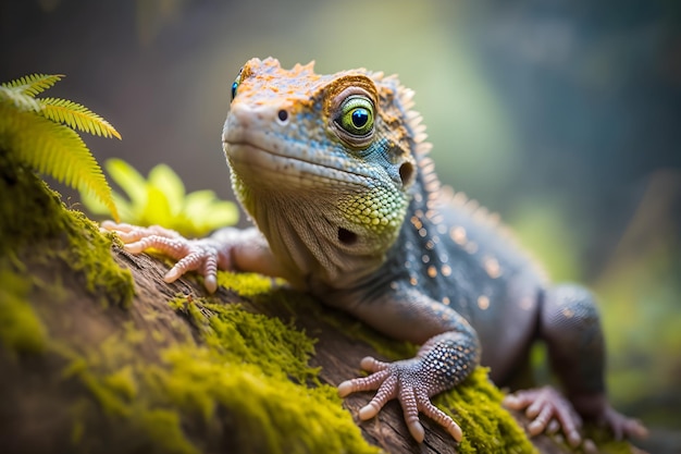 A lizard sits on a mossy log with a green leaf in the foreground.