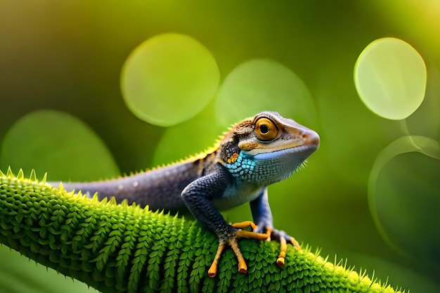 A lizard sits on a plant leaf with a blurred background.