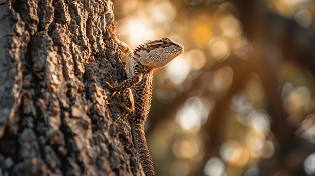 Photo lizard on tree bark with bokeh background in warm light