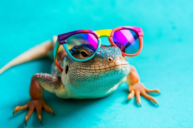 Photo a lizard wearing colorful sunglasses poses against a vibrant turquoise background showcasing a playful and fun aesthetic