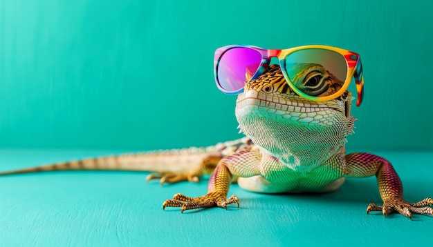 Photo a lizard wearing colorful sunglasses poses playfully against a vibrant background