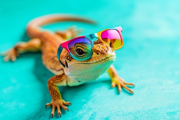 A lizard wearing colorful sunglasses poses on a vibrant background showcasing a fun and playful vibe