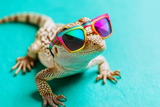 Photo a lizard wearing colorful sunglasses poses on a vibrant turquoise background creating a playful and fun atmosphere