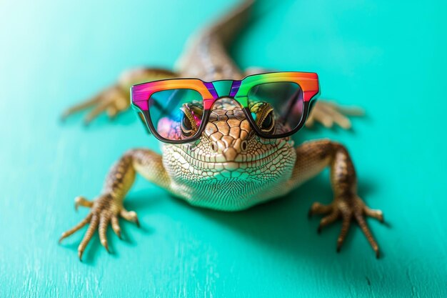 A lizard wearing colorful sunglasses on a vibrant turquoise background showcasing a playful and fun vibe