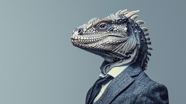 A lizard wearing a suit and tie looking to the side