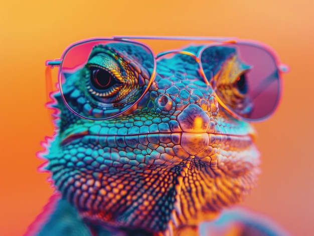 Lizard wearing sunglasses on colorful background perfect image for travel and fashionthemed projects