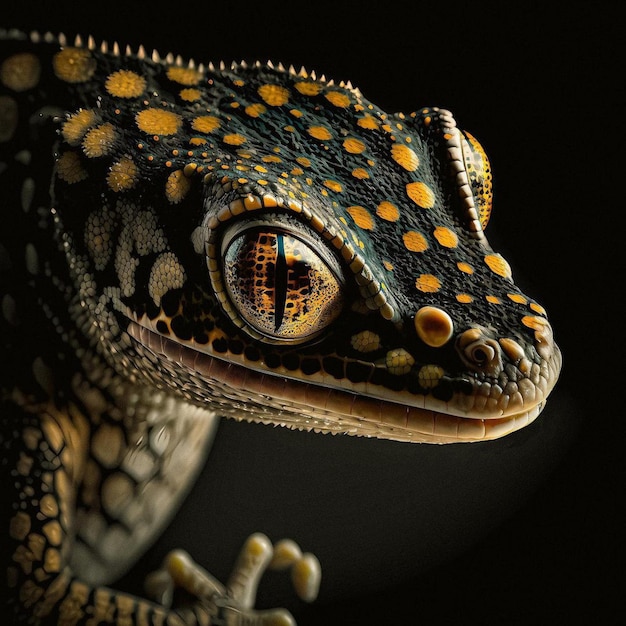 A lizard with a black background and yellow spots.