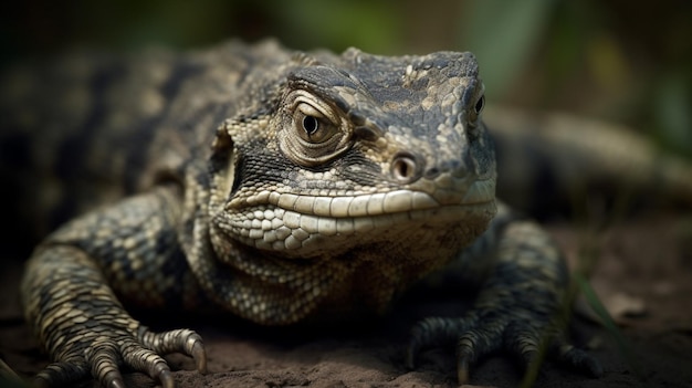 A lizard with a black face and a green background