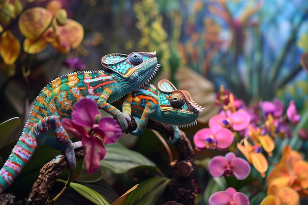 a lizard with a blue head sits in a tank with flowers and plants