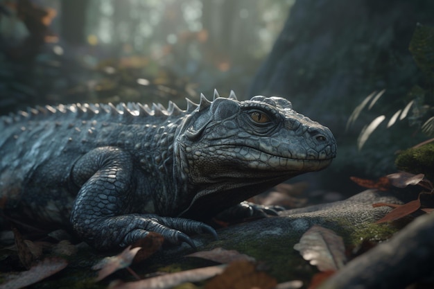 A lizard with a green head sits on a branch in the forest.