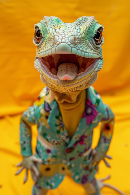 A lizard with a multicolored costume on a yellow background Funny lizard in clothes on a yellow background