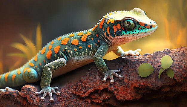 A lizard with orange and blue spots sits on a branch.