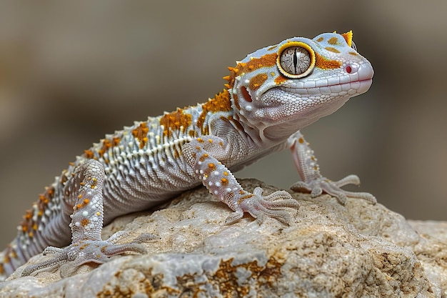 a lizard with orange eyes and orange spots on its head