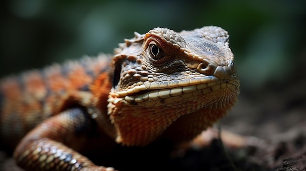 A lizard with a red and black face sits on a tree branch.