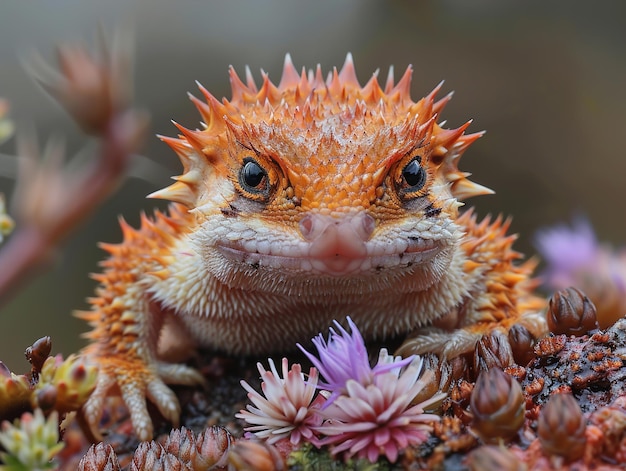 a lizard with a yellow head and orange eyes