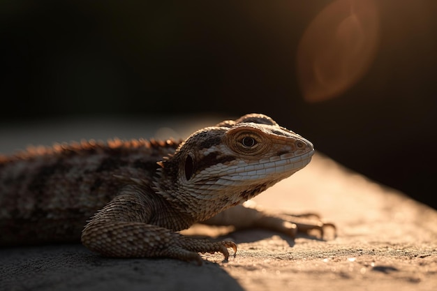 A lizard on a wooden surface with the sun shining on it.