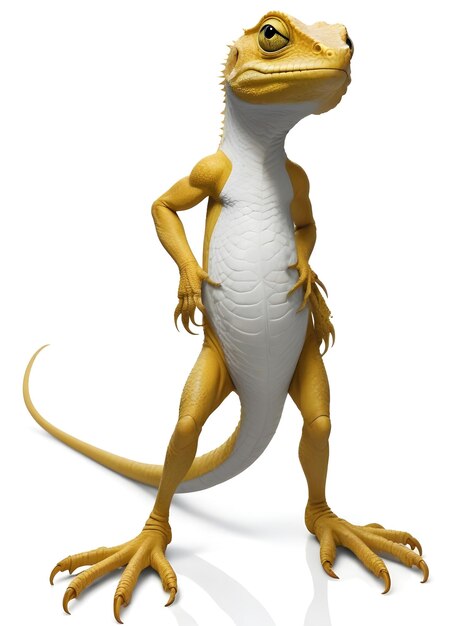 A lizardlike creature with a long tail standing on a white surface