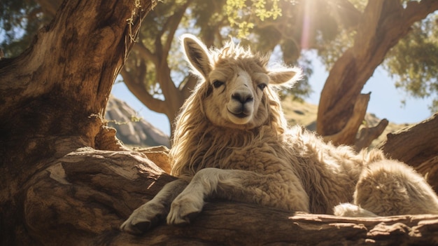 Llama animal laying down on under tree images Generative AI