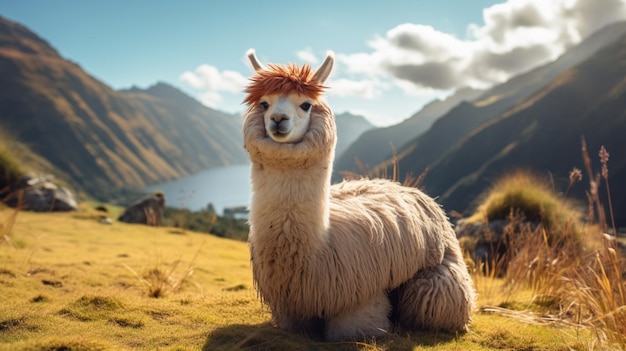 Llama animal laying in over grass image Generative AI