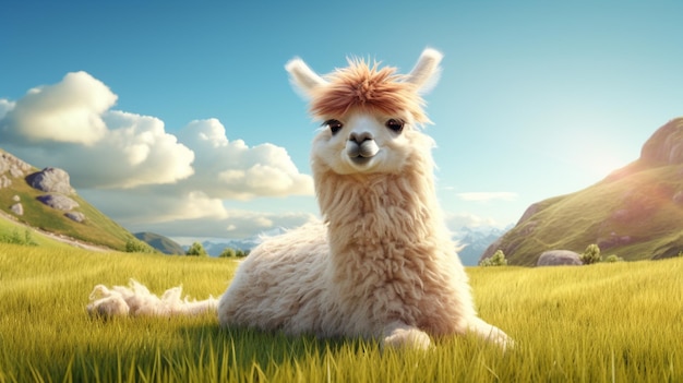 Llama animal laying in over grass image Generative AI