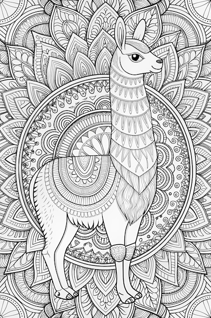 Llama Animal Mandala Coloring Page for Adults Clean Line Art with Mandala Background