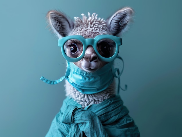 Photo a llama dressed in stylish turquoise accessories stands against a solid background