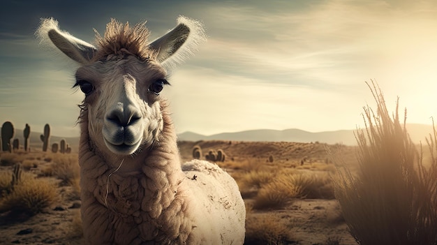 A llama in a field with mountains in the background