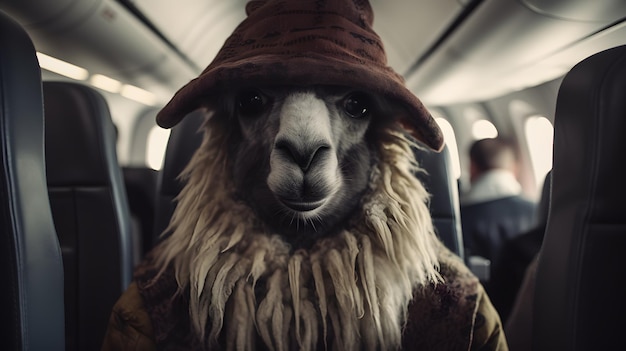 A llama in a hat sits in a plane with the words llama on the front.