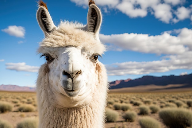 Llama slanting its head toward the camera