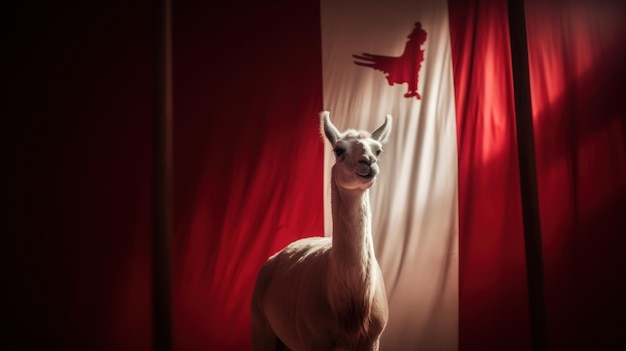 A llama stands in front of a red and white flag.