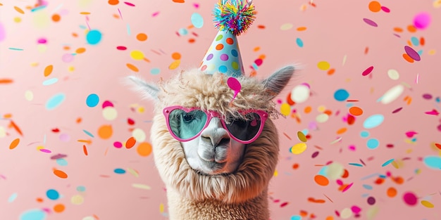 A llama wearing a party hat and sunglasses is surrounded by colorful confetti