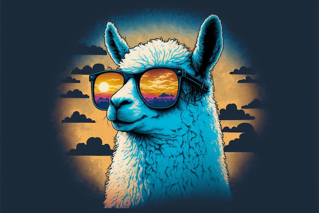 A llama wearing sunglasses and a sunset in the background