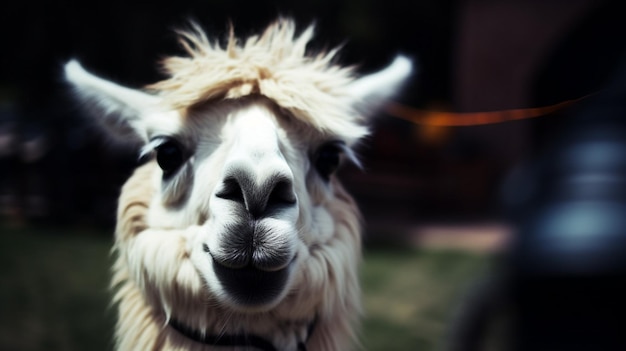 A llama with a black nose and a black nose