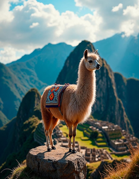 Photo a llama with a number on it stands on a mountain top