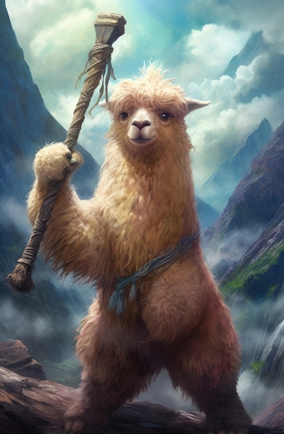 A llama with a spear is standing in a mountain landscape.